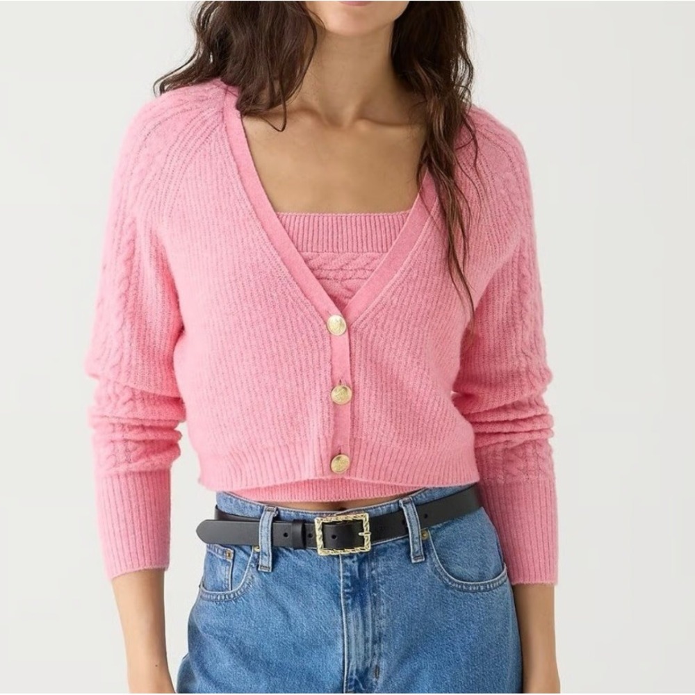 J.Crew Cropped 2-Piece Sweater Set Women Sz M Pink Merino Wool Alpaca Gold Crest